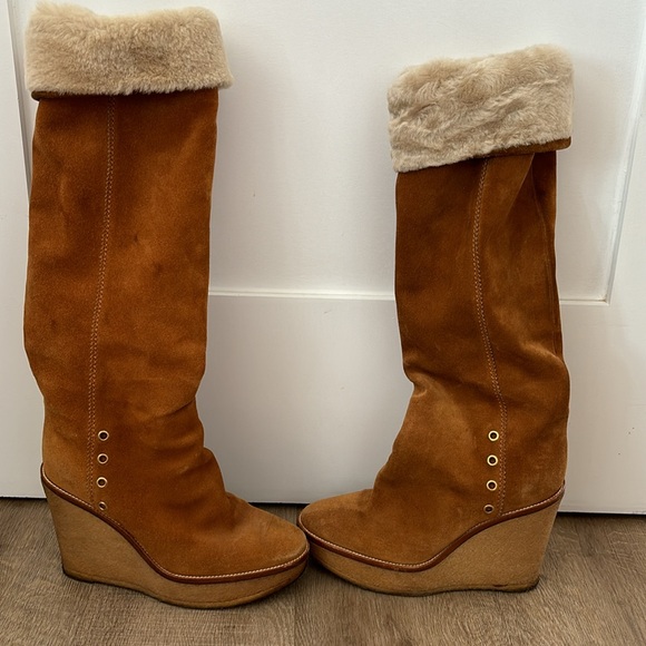Used- YSL genuine shearling suede wedge boots - Picture 9 of 16